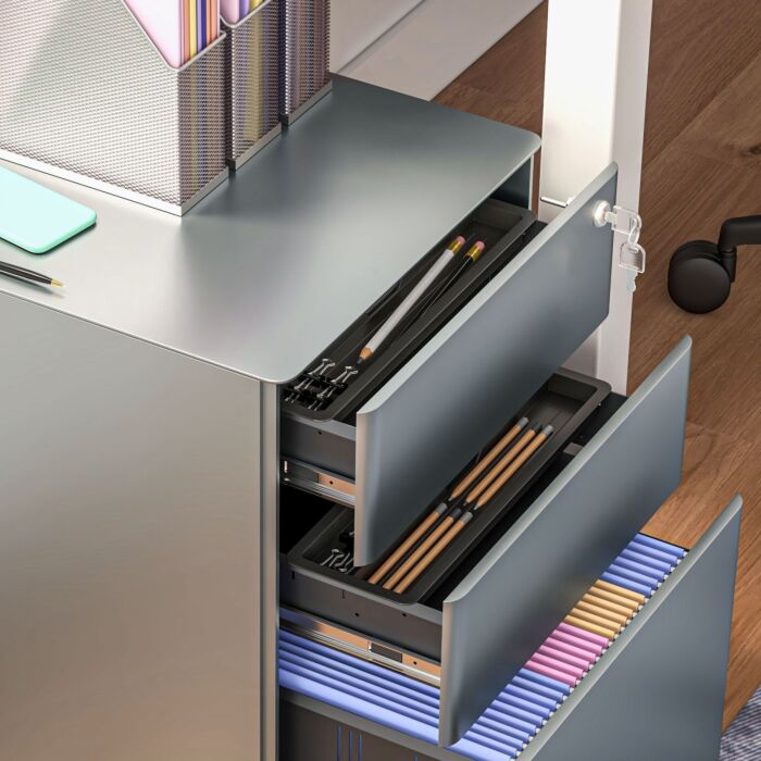 Vinsetto Lockable Cabinet, Rolling Filing Cabinet With 3 Drawers, Steel Office Drawer Unit For A4, Letter, Legal Sized Files