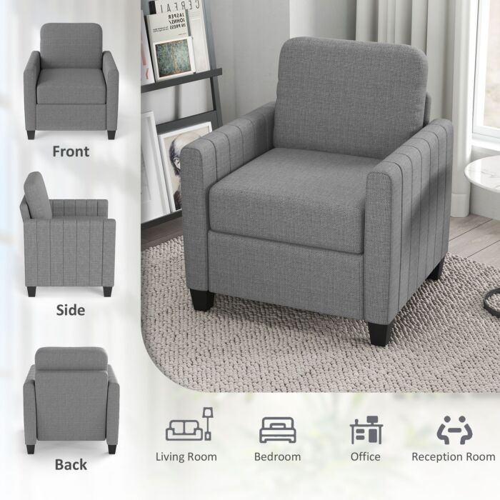 Homcom Armchair, Channel Tufted Modern Fabric Accent Chair, Comfy Upholstered Reading Lounge With Spring Cushion, Back Pillow, For Living Room, Bedroom, Office, Light Grey