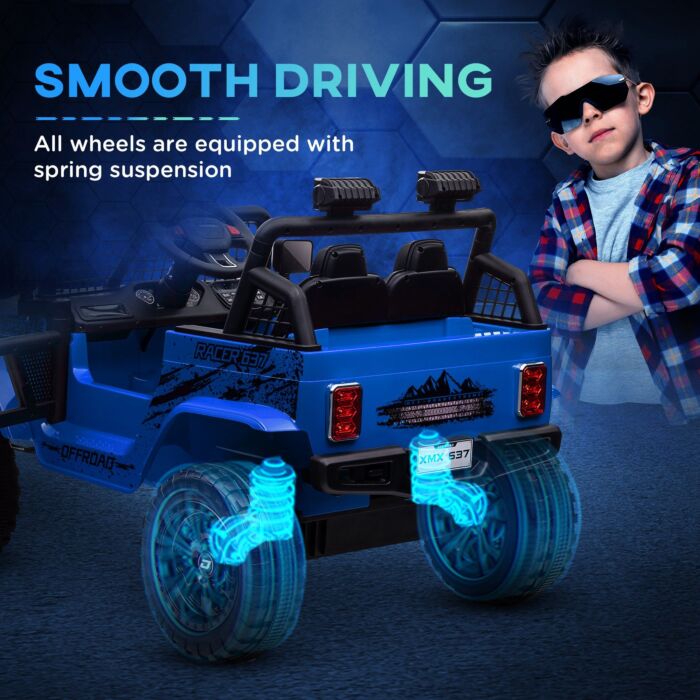 Aiyaplay 12v Battery Powered Kids Ride On Car, Electric Truck W/ Spring Suspension, Remote, Music Horn Lights - Blue