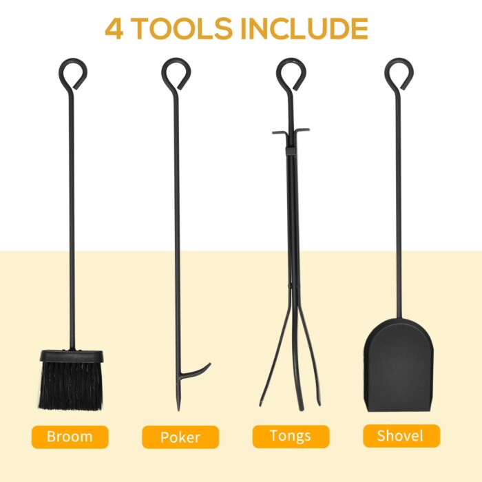 Homcom Vintage Style Powder Coated Steel Firewood Log Rack Holder W/ Shovel Broom Poker Tong Tools Hooks Home Storage Black