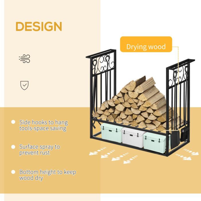 Homcom Vintage Style Powder Coated Steel Firewood Log Rack Holder W/ Shovel Broom Poker Tong Tools Hooks Home Storage Black