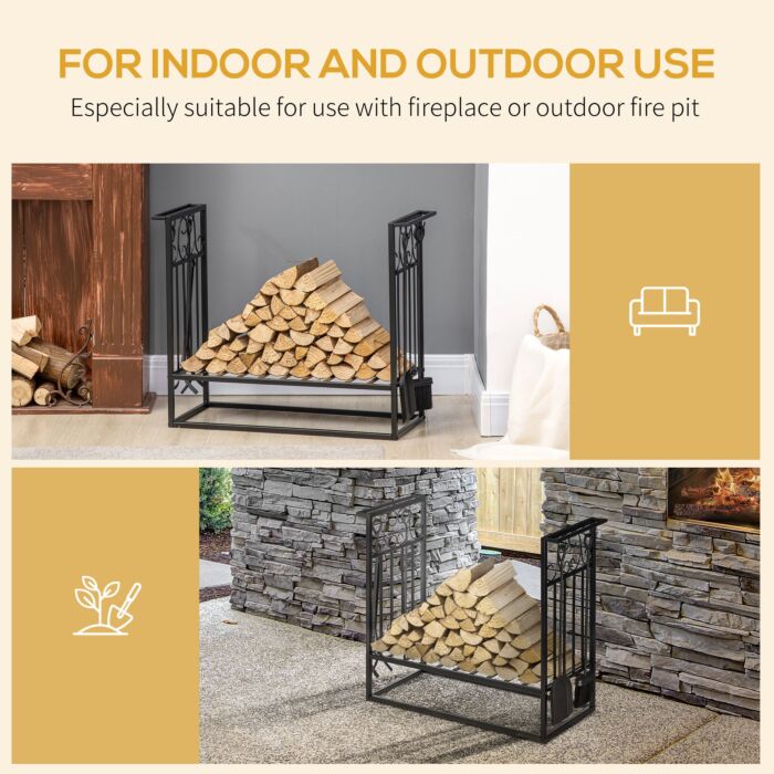 Homcom Vintage Style Powder Coated Steel Firewood Log Rack Holder W/ Shovel Broom Poker Tong Tools Hooks Home Storage Black