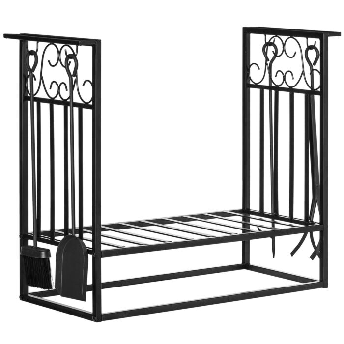 Homcom Vintage Style Powder Coated Steel Firewood Log Rack Holder W/ Shovel Broom Poker Tong Tools Hooks Home Storage Black