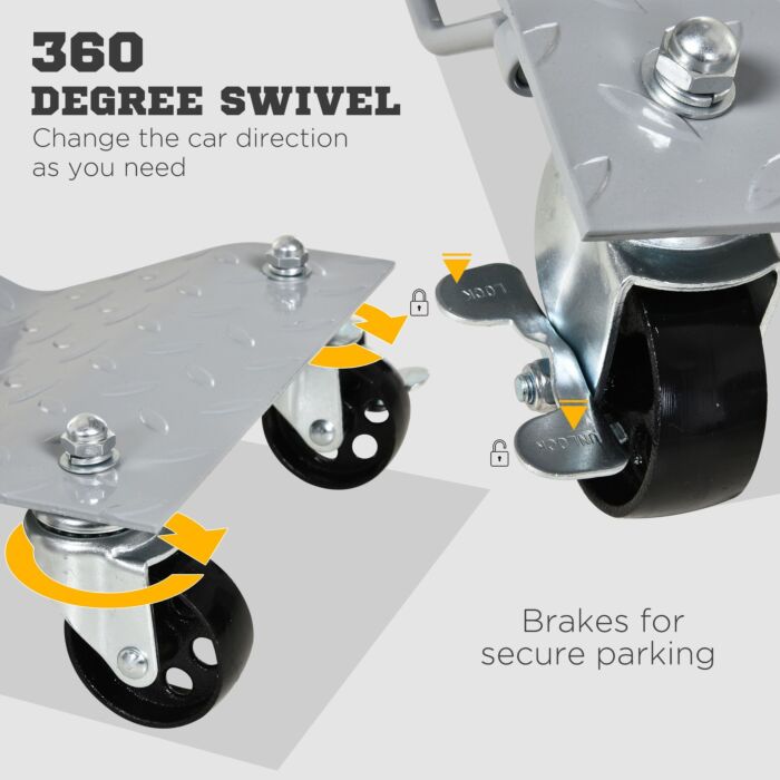 Durhand 2 Pcs Car Wheel Dollies With Swivel Casters, 680kg Capacity Car Dolly Skates Wheel Dolly Set With Non-slip Metal Plates, Grey