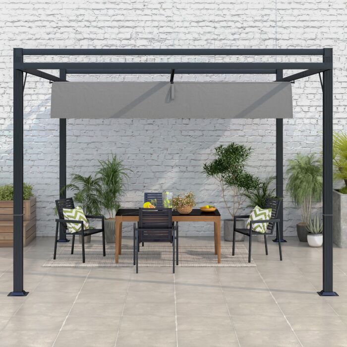 Outsunny 3 X 4m Retractable Pergola, Garden Gazebo Shelter With Aluminium Frame, For Grill, Patio, Deck, Dark Grey