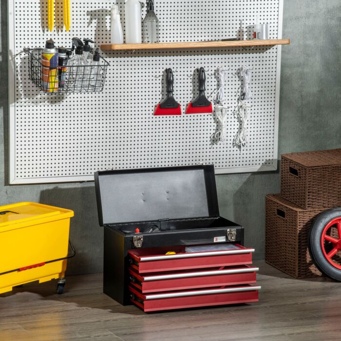 Durhand 3 Drawer Tool Chest, Lockable Metal Tool Box With Ball Bearing Runners, Portable Toolbox, 510mm X 220mm X 320mm