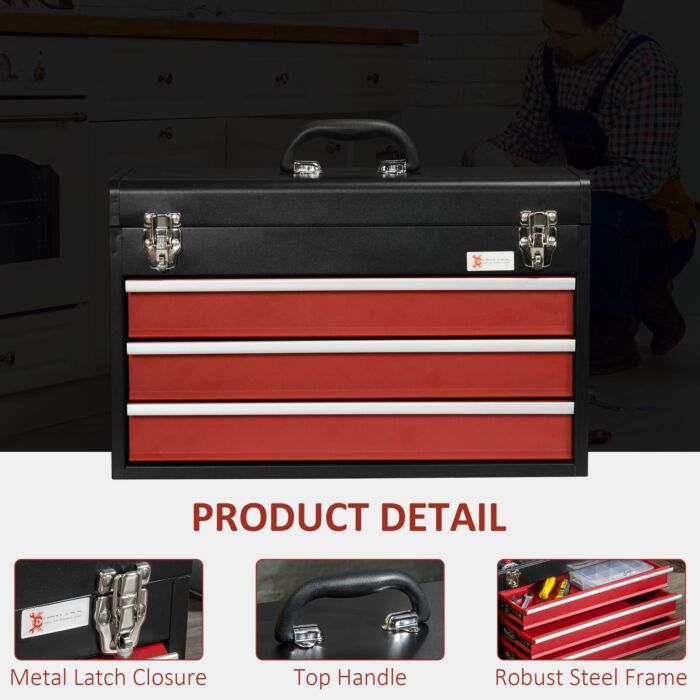 Durhand 3 Drawer Tool Chest, Lockable Metal Tool Box With Ball Bearing Runners, Portable Toolbox, 510mm X 220mm X 320mm
