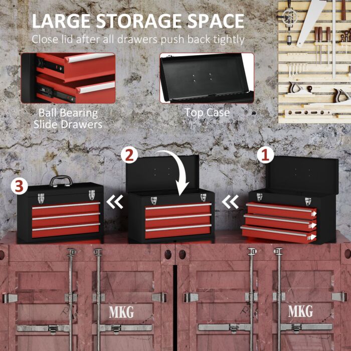Durhand 3 Drawer Tool Chest, Lockable Metal Tool Box With Ball Bearing Runners, Portable Toolbox, 510mm X 220mm X 320mm