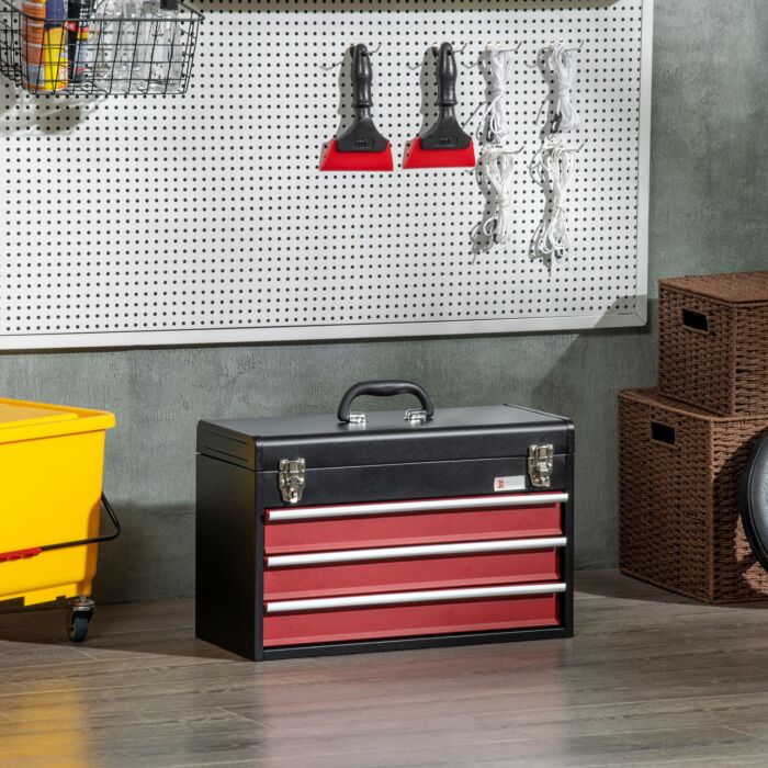 Durhand 3 Drawer Tool Chest, Lockable Metal Tool Box With Ball Bearing Runners, Portable Toolbox, 510mm X 220mm X 320mm