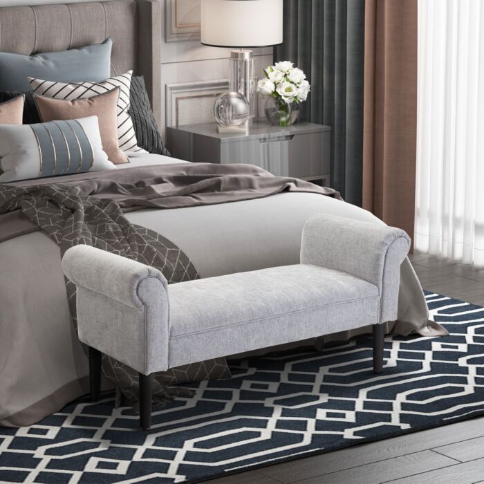 Homcom Bed End Side Chaise Lounge Sofa Window Seat Arm Bench Wooden Leg Linen Fabric Cover Light Grey