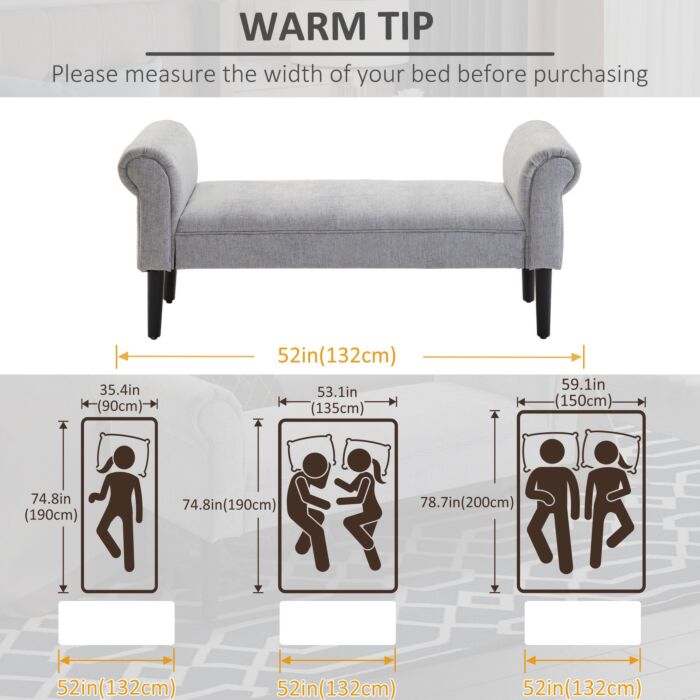 Homcom Bed End Side Chaise Lounge Sofa Window Seat Arm Bench Wooden Leg Linen Fabric Cover Light Grey