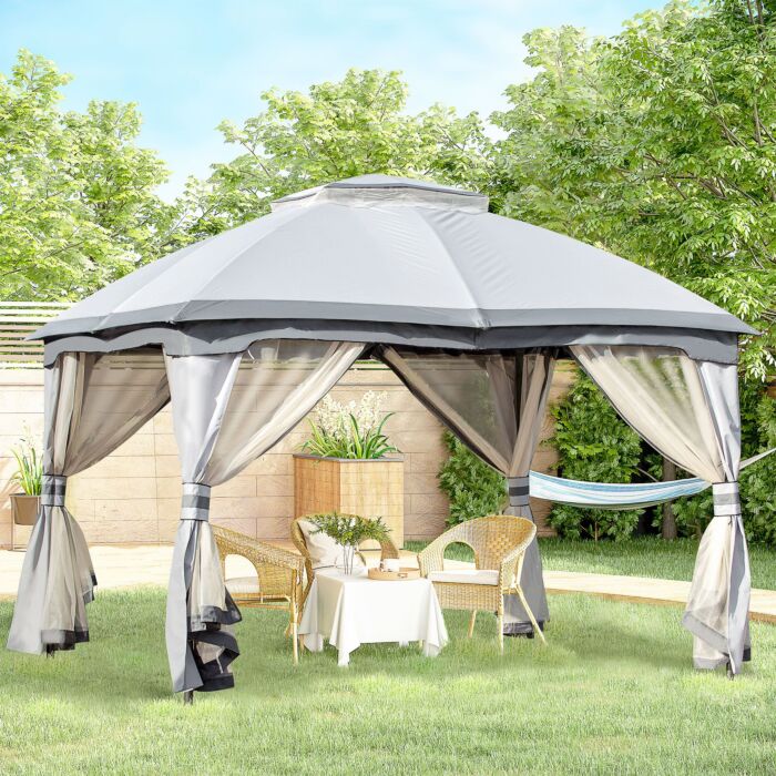 Outsunny 3.7 X 3(m) Metal Gazebo Canopy Party Tent Garden Patio Shelter With Netting Sidewalls & Double Tiered Roof, Grey