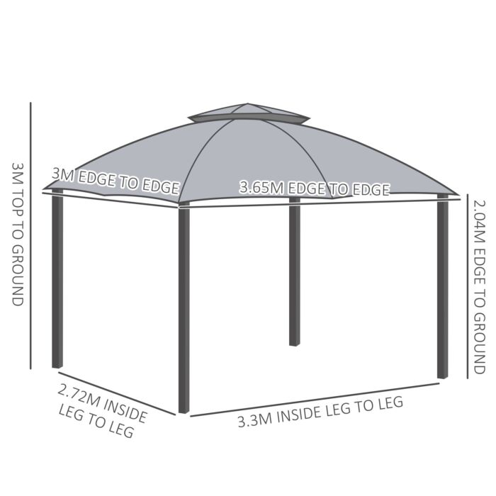 Outsunny 3.7 X 3(m) Metal Gazebo Canopy Party Tent Garden Patio Shelter With Netting Sidewalls & Double Tiered Roof, Grey