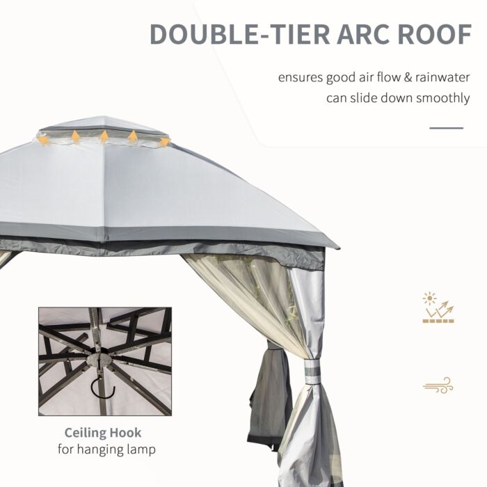 Outsunny 3.7 X 3(m) Metal Gazebo Canopy Party Tent Garden Patio Shelter With Netting Sidewalls & Double Tiered Roof, Grey