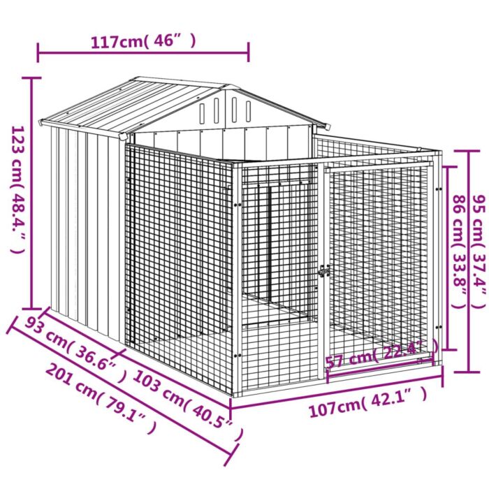 Vidaxl Dog House With Run Light Grey 117x201x123 Cm Galvanised Steel