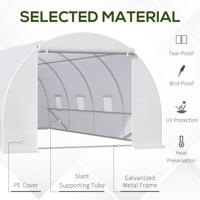 Outsunny 6 X 3 X 2 M Large Walk-in Greenhouse Garden Polytunnel Greenhouse With Metal Frame, Zippered Door And Roll Up Windows, White