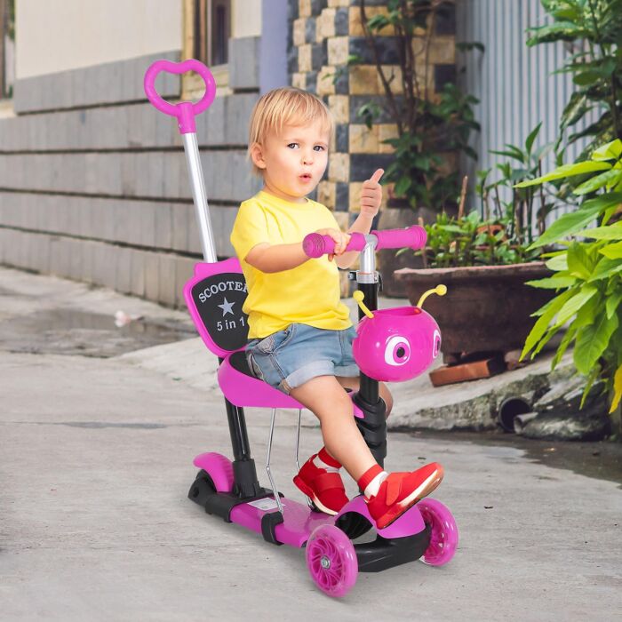 Homcom 5-in-1 Kids Toddler 3 Wheels Mini Kick Scooter Push Walker With Removable Seat & Back Rest For Girls And Boys Pink