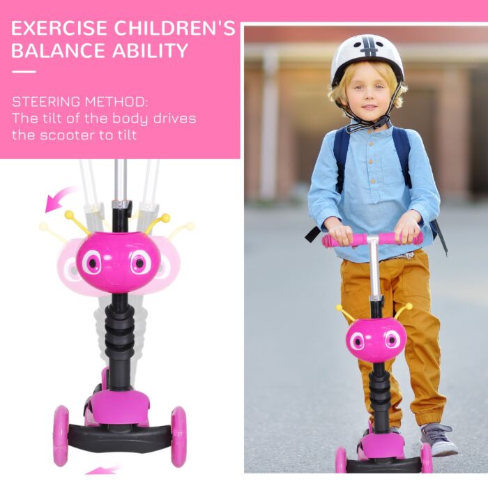 Homcom 5-in-1 Kids Toddler 3 Wheels Mini Kick Scooter Push Walker With Removable Seat & Back Rest For Girls And Boys Pink