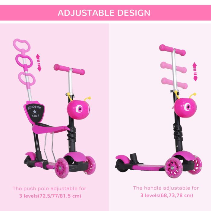 Homcom 5-in-1 Kids Toddler 3 Wheels Mini Kick Scooter Push Walker With Removable Seat & Back Rest For Girls And Boys Pink