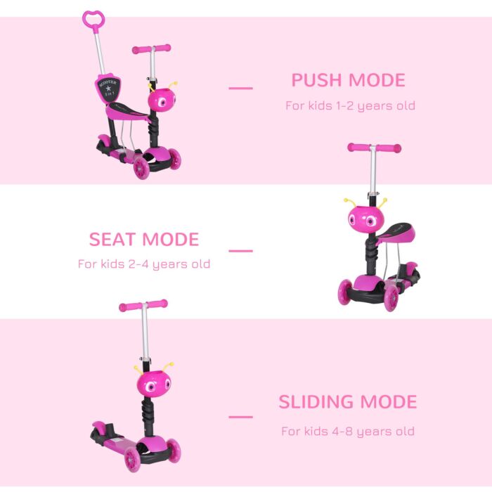 Homcom 5-in-1 Kids Toddler 3 Wheels Mini Kick Scooter Push Walker With Removable Seat & Back Rest For Girls And Boys Pink