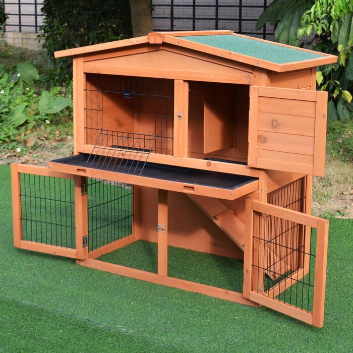 Pawhut 2 Tier Rabbit Hutch Guinea Pig Hutch Ferret Cage With Ramp Slide Out Tray For 100.5 X 55 X 101 Cm