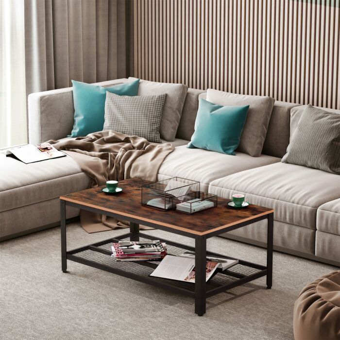 Homcom Coffee Table Industrial Site Table Living Room Storage Shelf Metal Frame Two-tone Modern Organiser