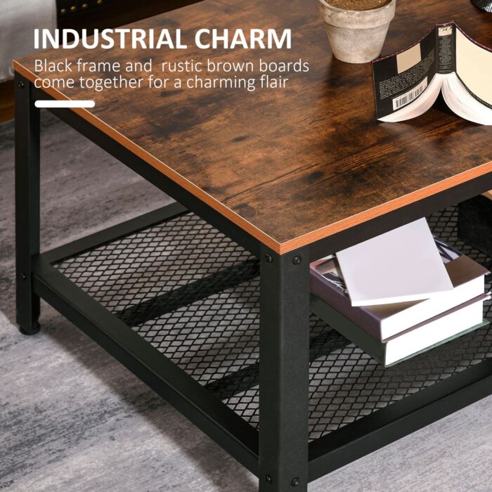 Homcom Coffee Table Industrial Site Table Living Room Storage Shelf Metal Frame Two-tone Modern Organiser