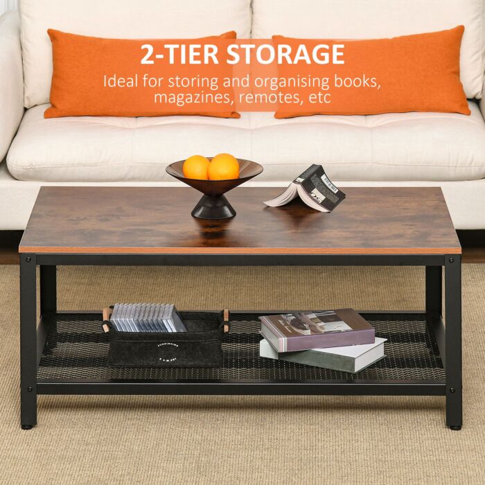 Homcom Coffee Table Industrial Site Table Living Room Storage Shelf Metal Frame Two-tone Modern Organiser