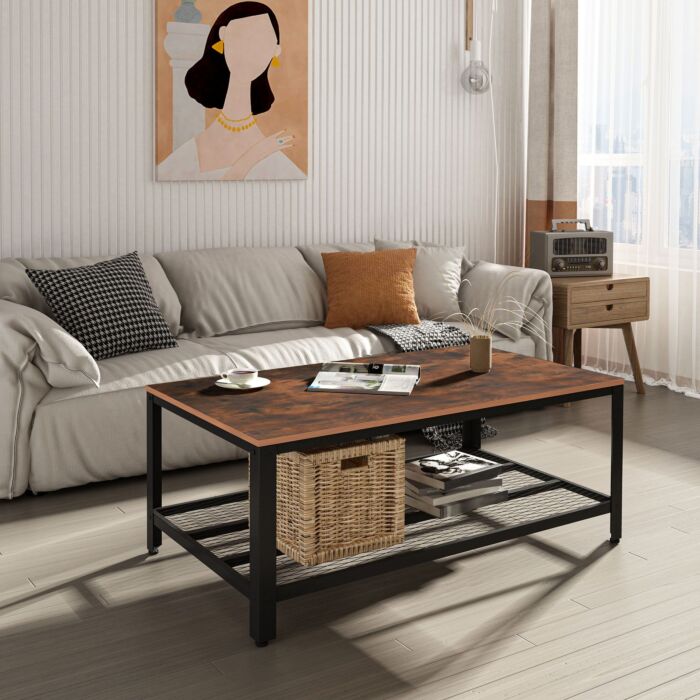 Homcom Coffee Table Industrial Site Table Living Room Storage Shelf Metal Frame Two-tone Modern Organiser