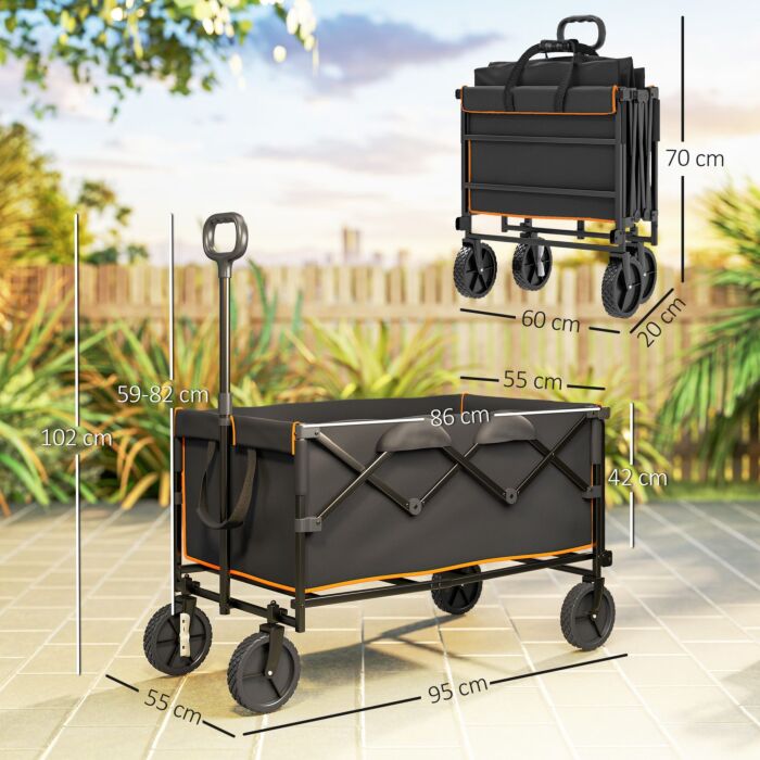 Outsunny 160l Festival Trolley On Wheels, Folding Camping Trolley Cart W/ Tailgate, 100kg Heavy Duty Garden Collapsible Folding Wagon W/adjustable Handle, Carry Bag For Beach Picnic, Black And Orange