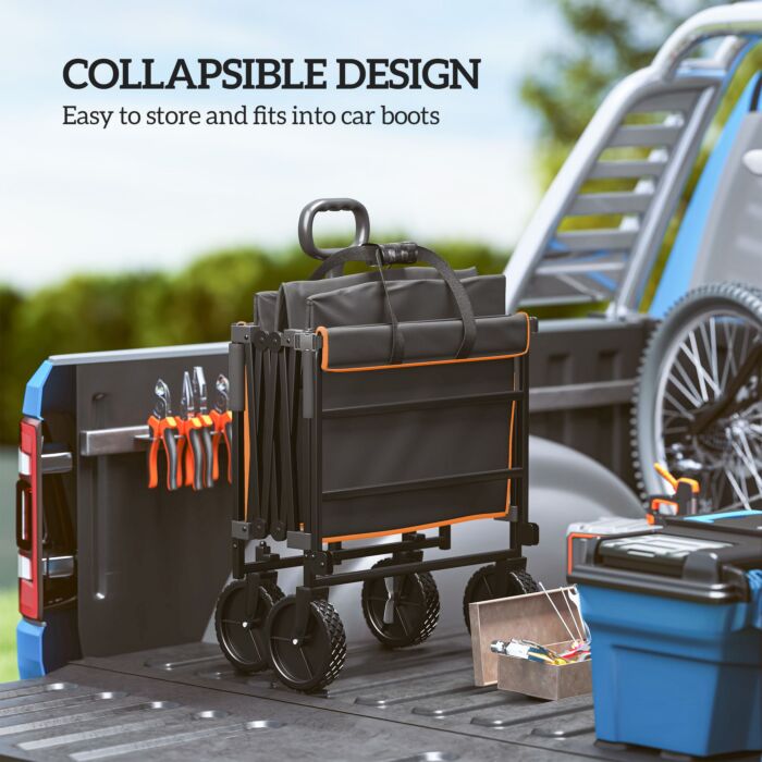 Outsunny 160l Festival Trolley On Wheels, Folding Camping Trolley Cart W/ Tailgate, 100kg Heavy Duty Garden Collapsible Folding Wagon W/adjustable Handle, Carry Bag For Beach Picnic, Black And Orange