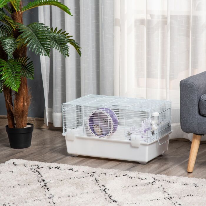 Pawhut Two-tier Hamster Cage Gerbil Haven Multi-storey Rodent House Small Animal Habitat With Water Bottle, Excise Wheel, Ladder, White