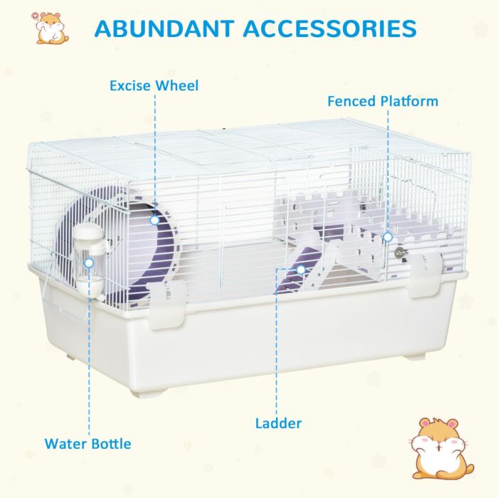 Pawhut Two-tier Hamster Cage Gerbil Haven Multi-storey Rodent House Small Animal Habitat With Water Bottle, Excise Wheel, Ladder, White
