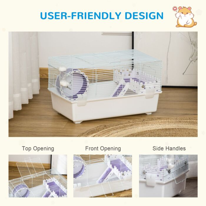 Pawhut Two-tier Hamster Cage Gerbil Haven Multi-storey Rodent House Small Animal Habitat With Water Bottle, Excise Wheel, Ladder, White