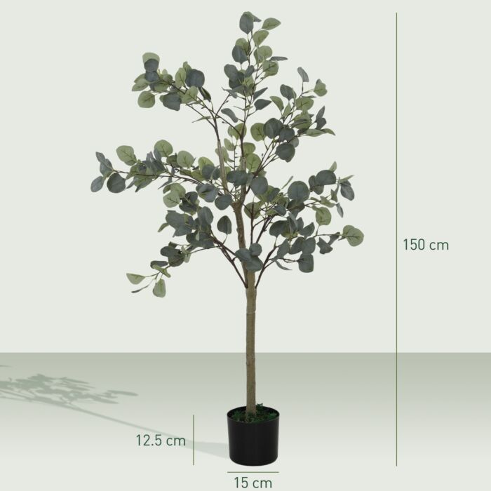 Homcom Decorative Artificial Plant, 5ft/ 150cm Silk Eucalyptus Tree With 230 Silver Dollar Leaves In Pot, Fake Plant For Home, Office, Living Room, Indoor Decor