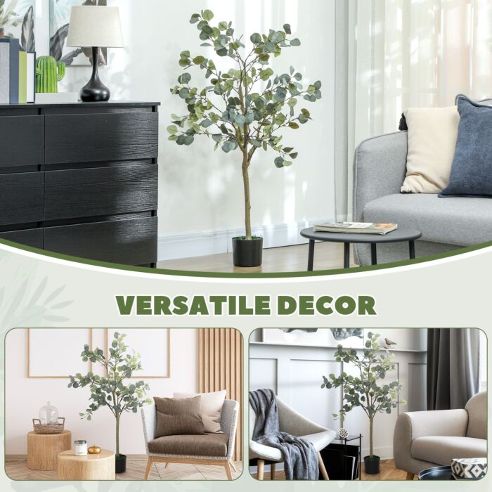 Homcom Decorative Artificial Plant, 5ft/ 150cm Silk Eucalyptus Tree With 230 Silver Dollar Leaves In Pot, Fake Plant For Home, Office, Living Room, Indoor Decor
