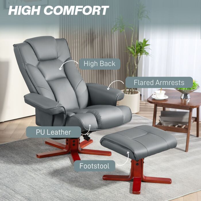 Homcom Faux Leather Manual Recliner And Footstool Set - Grey