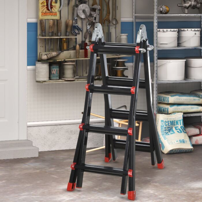 Homcom 4m Aluminium Duo Ladder Telescopic Herringbone Changeable Multi-purpose W/ Non-slip Steps Climbing Diy Platform Portable Workshop House Garden