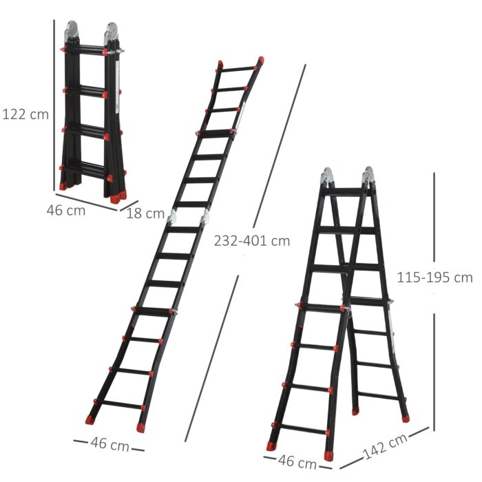 Homcom 4m Aluminium Duo Ladder Telescopic Herringbone Changeable Multi-purpose W/ Non-slip Steps Climbing Diy Platform Portable Workshop House Garden