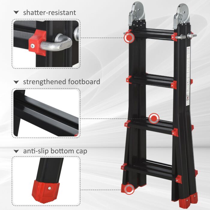 Homcom 4m Aluminium Duo Ladder Telescopic Herringbone Changeable Multi-purpose W/ Non-slip Steps Climbing Diy Platform Portable Workshop House Garden