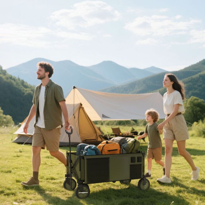 Outsunny Folding Garden Trolley On Wheels, Collapsible Camping Trolley With Folding Board, Outdoor Utility Wagon With Steel Frame Oxford Fabric Green