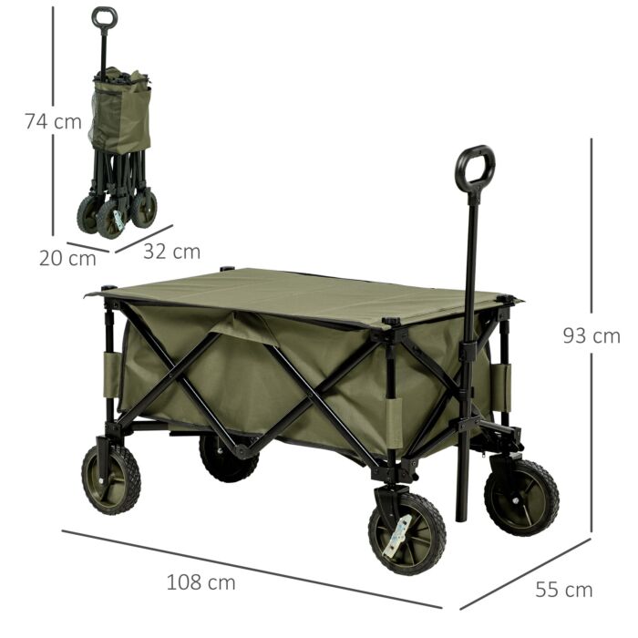 Outsunny Folding Garden Trolley On Wheels, Collapsible Camping Trolley With Folding Board, Outdoor Utility Wagon With Steel Frame Oxford Fabric Green