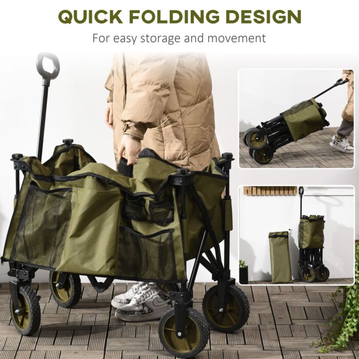 Outsunny Folding Garden Trolley On Wheels, Collapsible Camping Trolley With Folding Board, Outdoor Utility Wagon With Steel Frame Oxford Fabric Green