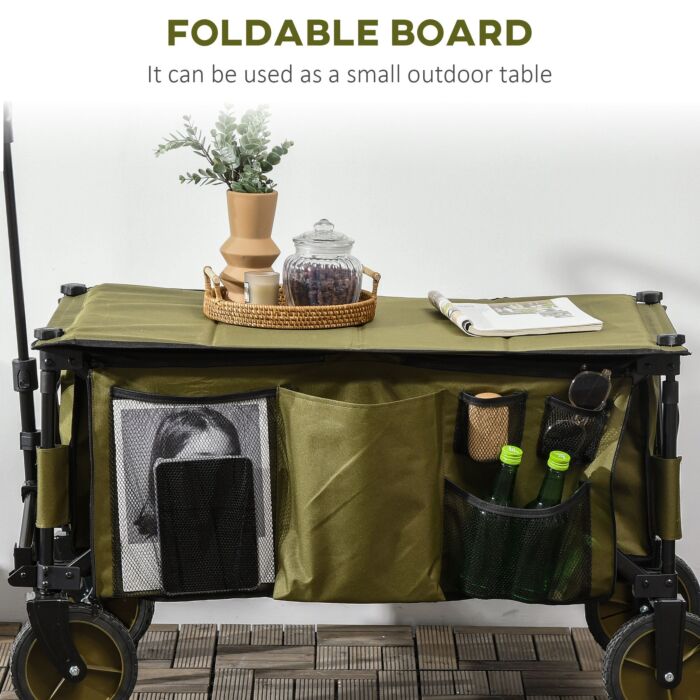 Outsunny Folding Garden Trolley On Wheels, Collapsible Camping Trolley With Folding Board, Outdoor Utility Wagon With Steel Frame Oxford Fabric Green