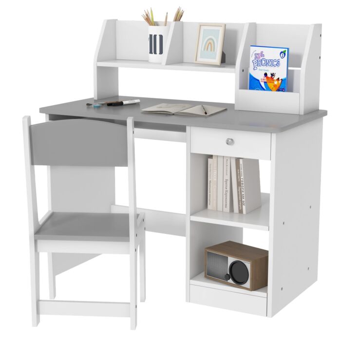 Zonekiz Kids Desk And Chair Set With Storage For 5-8 Year Old, 2 Pieces Childrens Table And Chair Set, Grey
