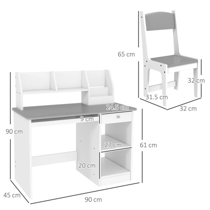 Zonekiz Kids Desk And Chair Set With Storage For 5-8 Year Old, 2 Pieces Childrens Table And Chair Set, Grey