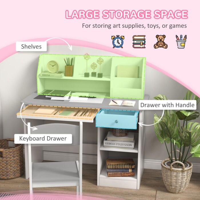 Zonekiz Kids Desk And Chair Set With Storage For 5-8 Year Old, 2 Pieces Childrens Table And Chair Set, Grey