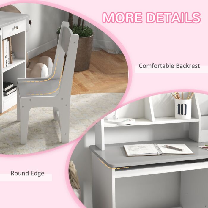 Zonekiz Kids Desk And Chair Set With Storage For 5-8 Year Old, 2 Pieces Childrens Table And Chair Set, Grey