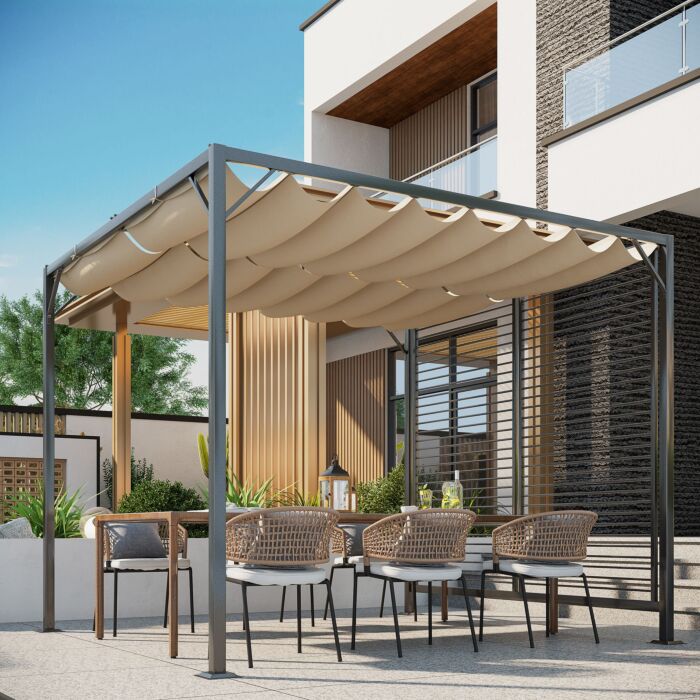 Outsunny 2.8m X 3m Retractable Metal Frame Outdoor Garden Pergola Beige