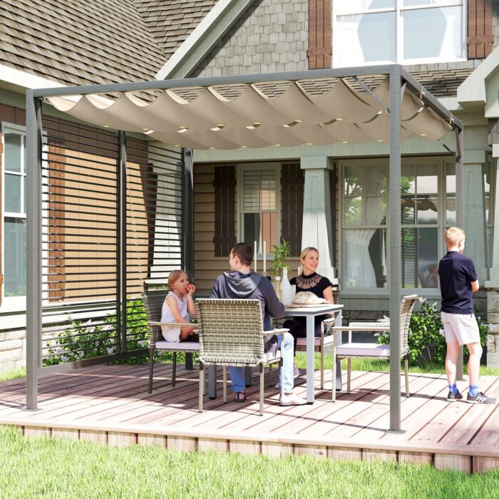 Outsunny 2.8m X 3m Retractable Metal Frame Outdoor Garden Pergola Beige